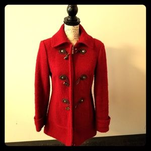 Berry red wool coat with detachable hood